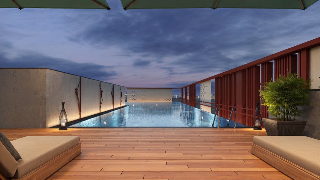 Rooftop swimming pool at dusk